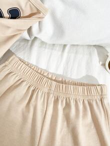 SHEIN Baby Boy Summer Knit Casual Short Sleeve T-Shirt And Shorts Set,English Cool Bear Print Top And Pants 2pcs Outfit,Beige Beach Wear For Outing,Party - Multicolor - View 9