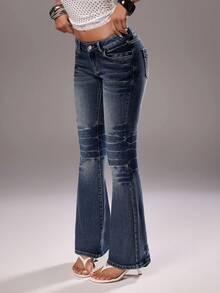 TRNVIE 女士口袋纽扣休闲百搭日常喇叭牛仔裤 - 藍色 - 查看 4