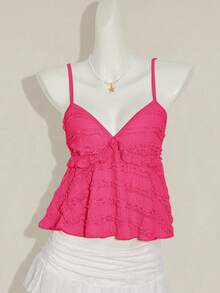 Sweetina Áo hai dây đơn màu trơn có viền bèo nhún, thích hợp mặc mùa hè. - Màu Hồng Tươi - Xem 3