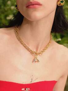 Glisma Exquisite Bling Cubic Zirconia Heart Chic Necklace Pendant Freshwater Faux Pearl Chunky Chain Luxury Jewelry Delicate Gift 2024 Valentines - Turquoise Pearl - View 6