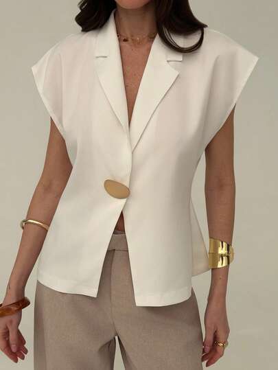 Aloruh Women's Solid Color Metal Decor Lapel Casual Versatile Commuting Vest Jacket