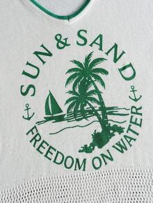 ROMWE MEN Street Life Men's Coconut Tree Vacation Style Short Sleeve Knit Top - White - View 6