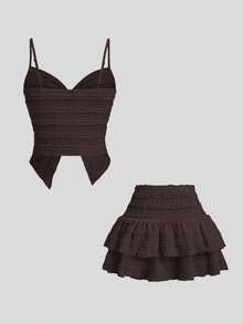 Sweetra French Sweet Ruffle Strap Twist Top & Layered Ruffle Hem A-Line Mini Skirt 2 Pieces Set For Women, Spring/Summer - Brown - View 2