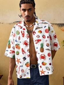 ROMWE MEN Street Life Men's Summer Vacation Digital Print Button-Front Short Sleeve Shirt - Multicolor - View 7