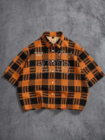 Manfinity ZONE917 Boxy Loose Faux Orange Plaid Casual Fashion Graffiti Art Signature PARIS Print Short Sleeve Shirt, Suitable For Summer, Gift For Friends