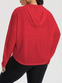 Rhythm Era Plus Size Solid Color Drop Shoulder Long Sleeve Curved Hem Drawstring Hoodie Casual Sports Jacket - Red - View 2