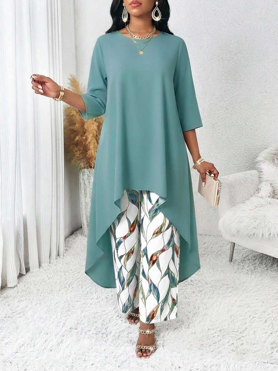 SHEIN Lady 大码纯色圆领上衣和印花长裤两件套 - 彩色 - 查看 1