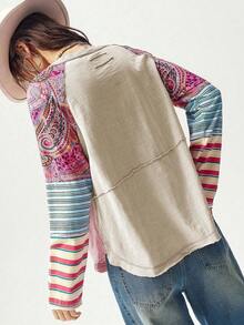 Bohemela Áo thun cổ tròn in họa tiết chắp vá BOHO thường ngày dành cho nữ, mùa thu - Hồng - Xem 7