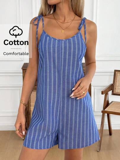 Easowa Blue Striped Sleeveless Short Dress For Women, Cotton Material, Suitable For Casual, Beach, Daily Wear, Spring/Summer Vacation/Boho/Sexy
