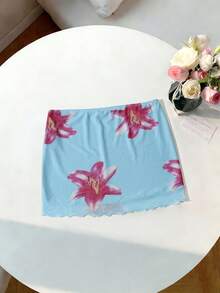 GlowEve Women's Casual Elegant Mesh Printed Ruched Bodycon Skirt, Suitable For Vacation & Beach - Blue - View 2