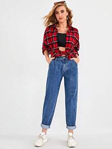 SHEIN ICON Casual Washed High Waist Tapered Denim Jeans - Blue - View 4