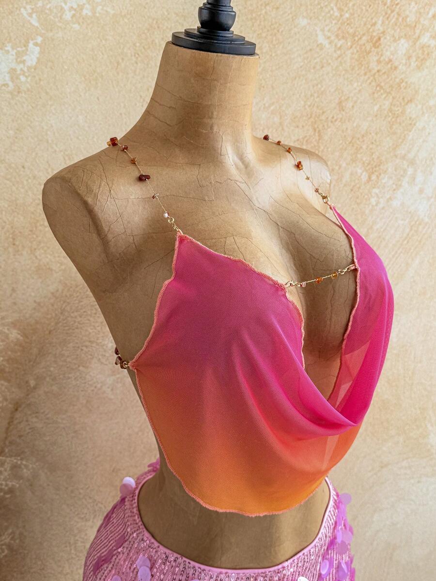 Soleia Vacation Sexy Gradient Sequin & Pearl Chain Halter Backless Women Bohemian Boho Tank Top, Suitable For Vacation, Cruise, Beach - Multicolor - View 1