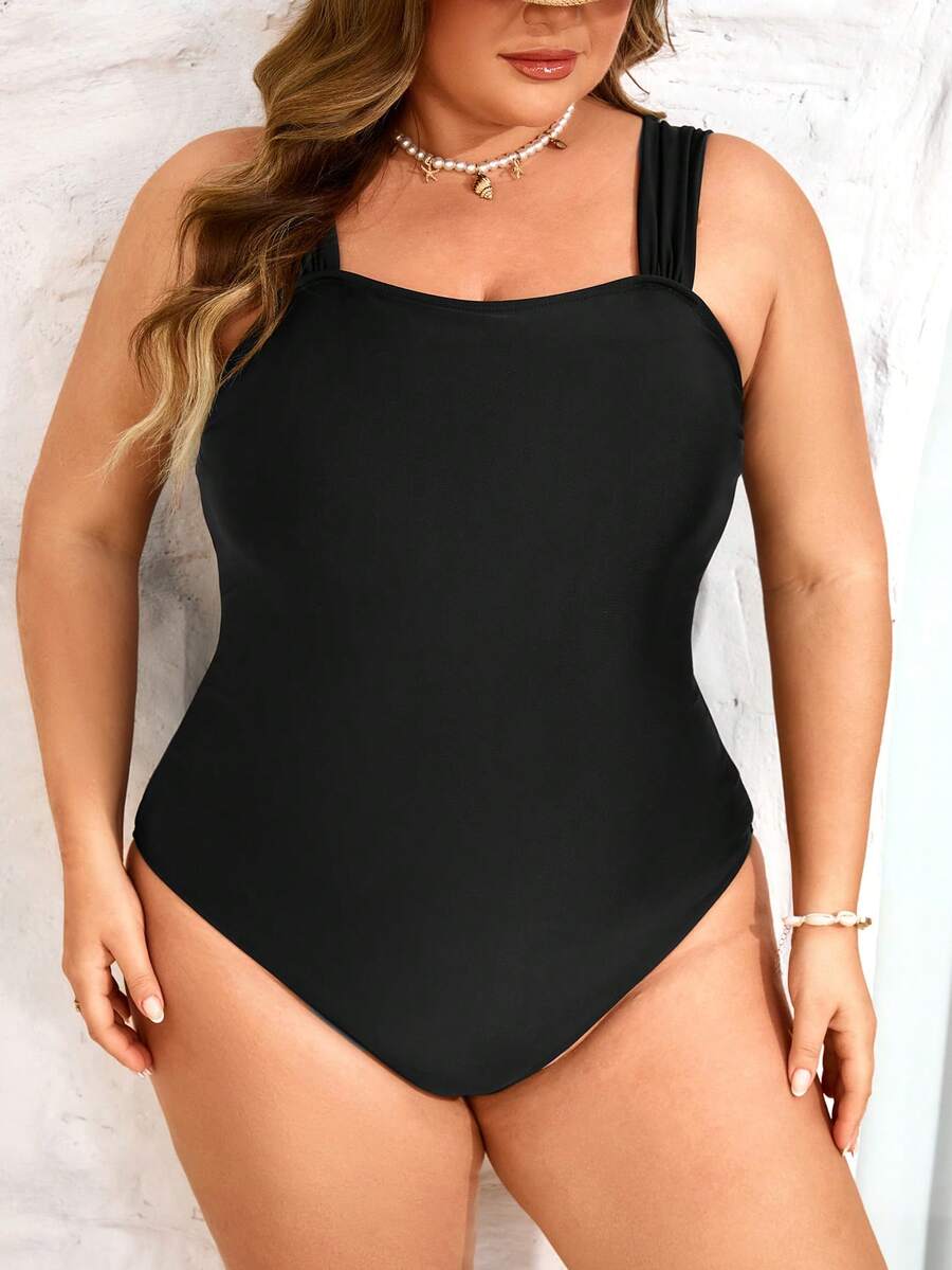 SHEIN CURVE+ Plus Size Women Summer Solid Color One-Piece Swimsuit - Black - View 1
