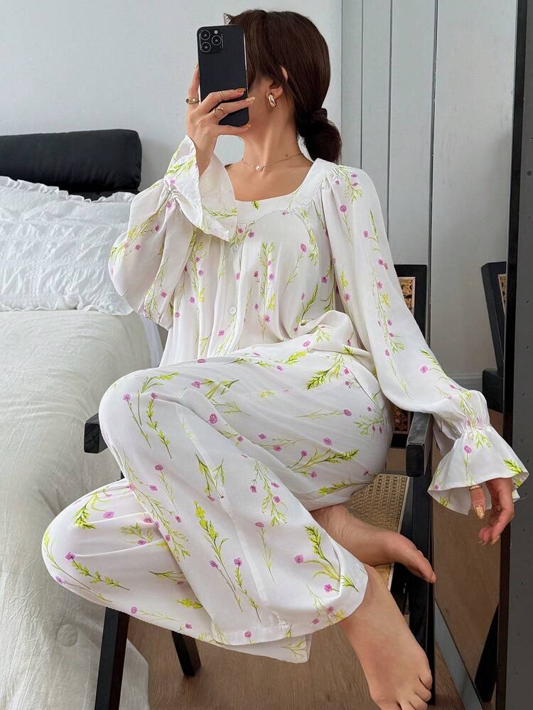 Elegant Botanical Print Lightweight Ruffled Hem Women Pajama Set, Spring/Summer