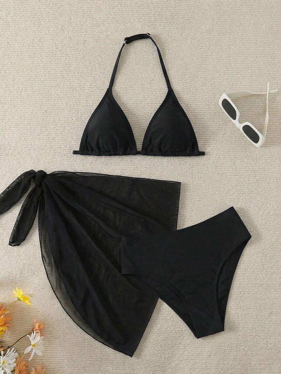 SHEIN Bộ đồ bơi 3 mảnh dành cho thiếu nữ: Áo bikini họa tiết hoa nhí, quần bikini và chân váy buộc dây phía trước màu xanh dương và trắng. - màu đen - Xem 1