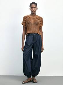 Maija Women's Round Neck Side Slit Tie-Up Hollow Out Knit Top - Brown - View 4