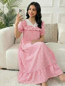 Tween Girl Loose Casual Minimalist V-Neck Lace Trim Ruffle Plaid Pajamas - Pink - View 1