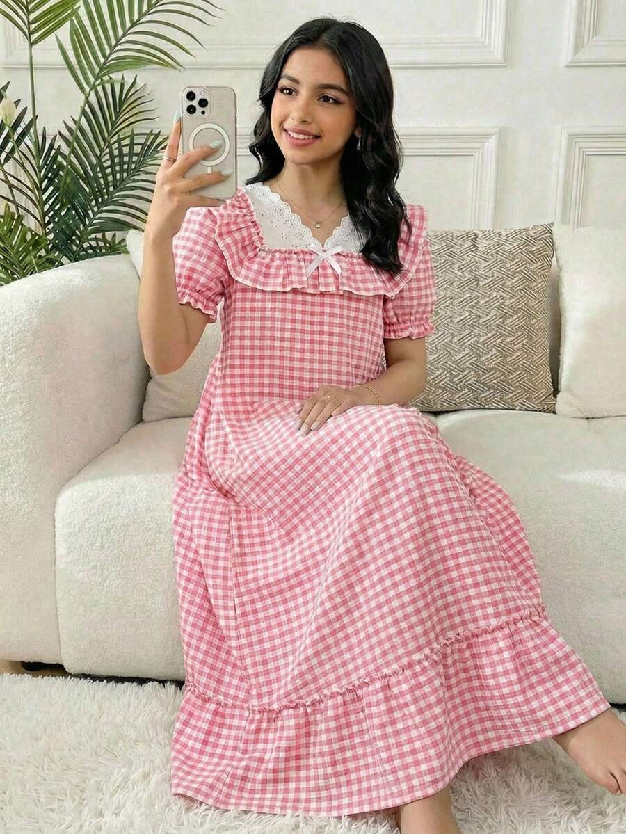 Tween Girl Loose Casual Minimalist V-Neck Lace Trim Ruffle Plaid Pajamas - Pink - View 1