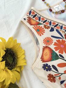 少女热带印花V领无袖休闲度假风连体裤，适合音乐节、旅行、海滩等场合。 - 彩色 - 查看 3