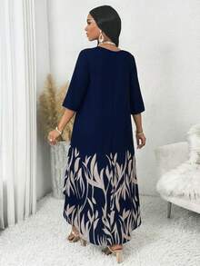 SHEIN Lady 大码女式树叶印花长款上衣和阔腿裤休闲两件套 - 彩色 - 查看 2