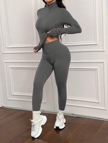 SHEIN PETITE 3pcs Brown Knit Women's Sports Set, Suitable For Yoga, Running, Workout, Daily Wear, Autumn/Winter - Grey - View 4