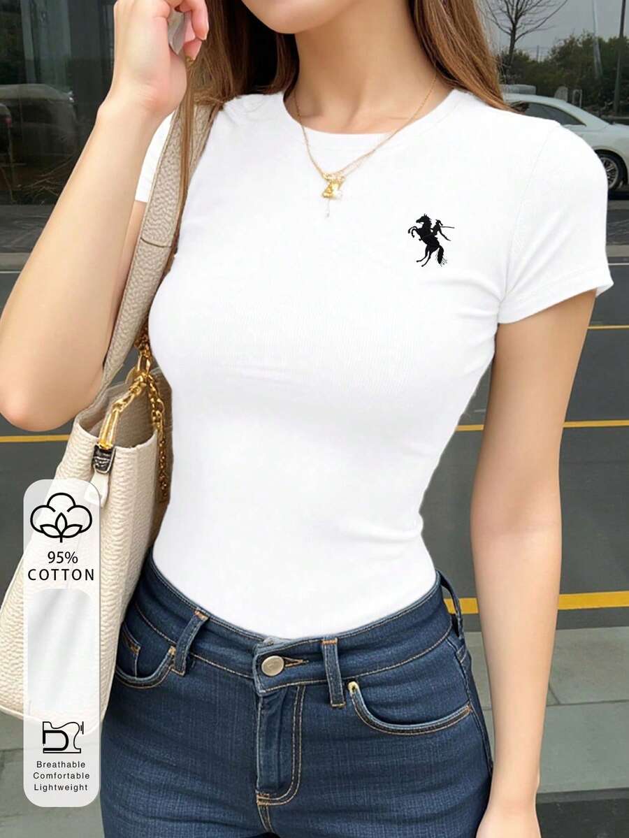 INAWLY Áo thun ôm dáng cổ tròn thêu hình người phụ nữ cưỡi ngựa - trắng - Xem 1