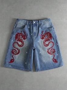 ROMWE MEN Street Life Men's Dragon Pattern Rhinestone Embellished Denim Shorts - Blue - View 1