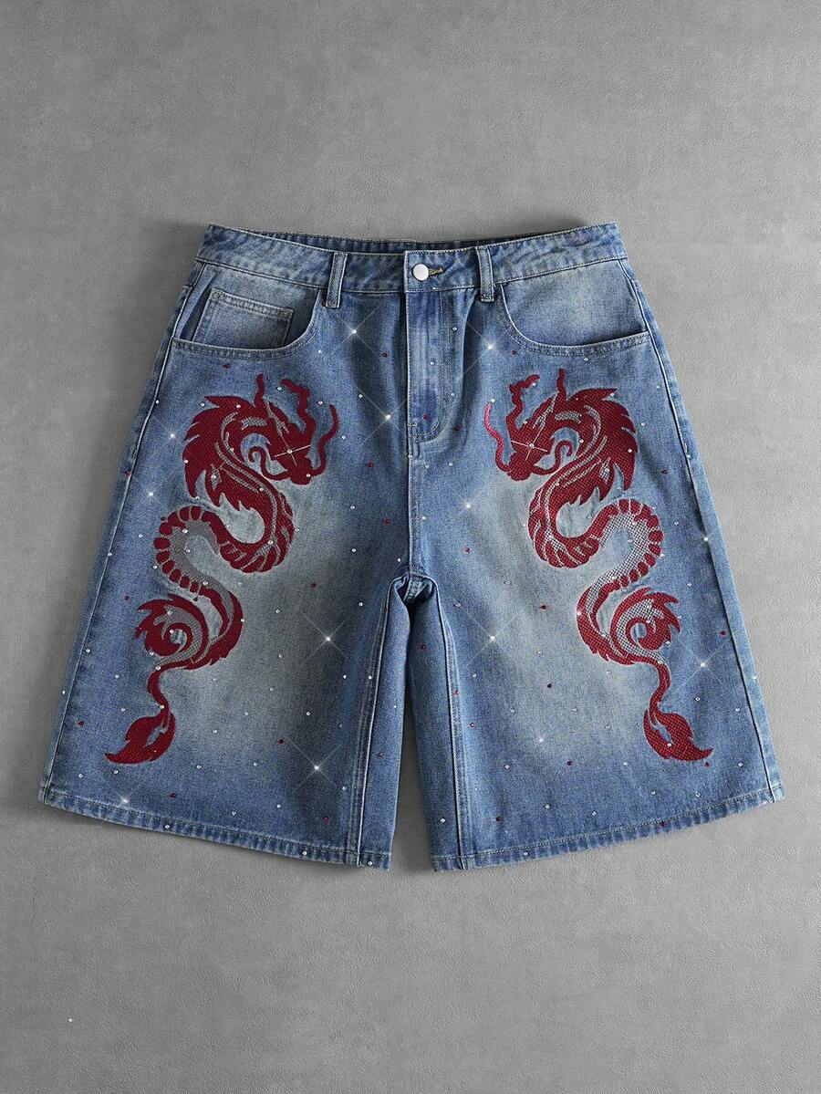 ROMWE MEN Street Life Men's Dragon Pattern Rhinestone Embellished Denim Shorts - Blue - View 1