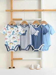SHEIN 4 st/set Baby Pojke/Flicka Söt Stickad Elastisk Randig Dinosaurie Mönstrad Kortärmad Sparkdräkt, Enkla Bodysuits Multipack, Vår/Sommar - Multifärgad - Visa 9