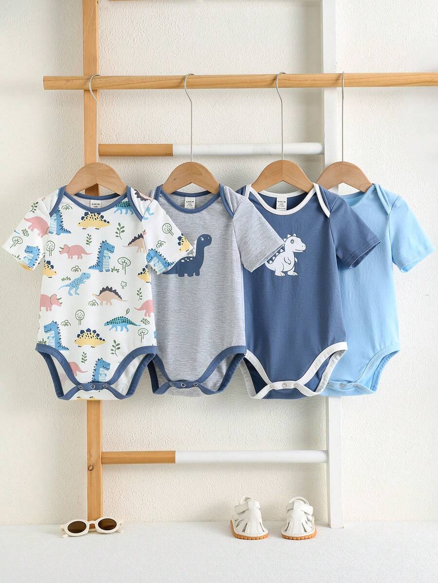 SHEIN 4件套婴儿男女宝宝可爱针织弹力条纹恐龙印花短袖连体衣，基础款连体衣多件装，春夏款 - 彩色 - 查看 1