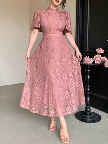 DAZY 女士优雅蕾丝立领荷叶袖长连衣裙，夏季婚礼宾客礼服 - 粉色 - 查看 8