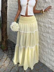 Sunnyshic Women's Yellow Low-Waist Lace Trim Skirt, Elegant Romantic Sweet Girly Style For Beach, Casual, Holiday, Daily Wear, School, Spring/Summer - Yellow - View 8