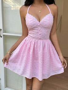 Sunnyshic Đầm ngắn nữ ngọt ngào, thanh lịch, đa năng với họa tiết ren thêu tương phản, thắt eo, thích hợp cho các dịp thường nhật, nghỉ mát, mặc hàng ngày và thời trang. - Hồng - Xem 4