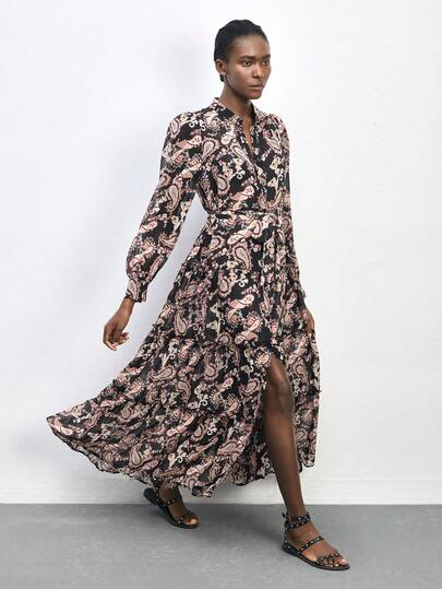 Maija Women's Dress, Elegant With Waist Cord, Paisley & Floral Prints, Suitable For Spring/Summer Beach Vacation, Black & Pink, Summer Dress, Summer Dresses For Women, Summer Outfits, Spring Dress, Spring Dress Women, Valentines Day Dress, Elegant Dresses For Party, Elegant Party Dress, Elegant Party Dresses For Women, Wedding Guest Dress For Women, Wedding, Going Out Outfits , Elegant Dresses For Party, Holiday Outfits For Women, Summer Holiday Outfits, Vacation Outfits For Women , Summer Vacation Outfits, Holiday Outfits, Casual Dress For Women