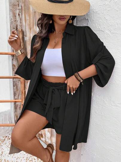 EMERY ROSE Plus Size Women's Casual Vacation & Commute Solid Color Roll Tab Sleeve Shirt And Paper Bag Waist Belted Shorts 2-Piece Set, Spring/Summer/Autumn