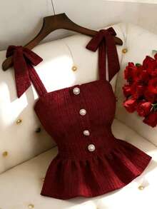 Elenzga 女士新款打结肩部设计荷叶边下摆时尚百搭约会派对上衣 - 酒紅色 - 查看 1