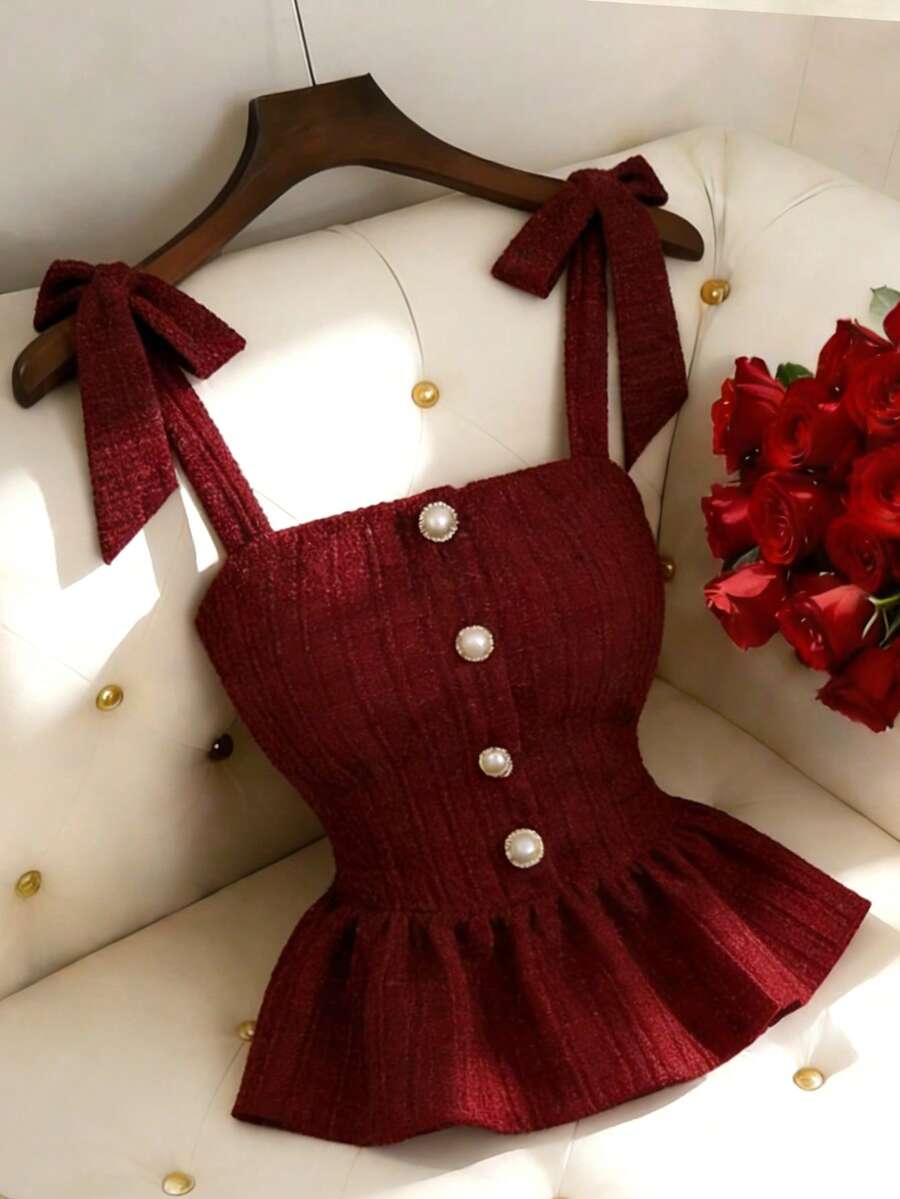 Elenzga 女士新款打结肩部设计荷叶边下摆时尚百搭约会派对上衣 - 酒紅色 - 查看 1