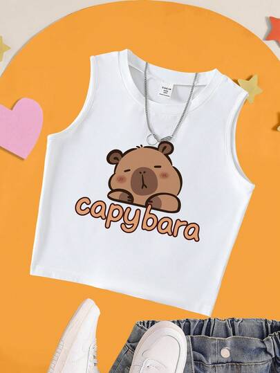 SHEIN GraphicGems Tween Girls Cute Sleeping Capybara Cartoon Print Round Neck Sleeveless T-Shirt
