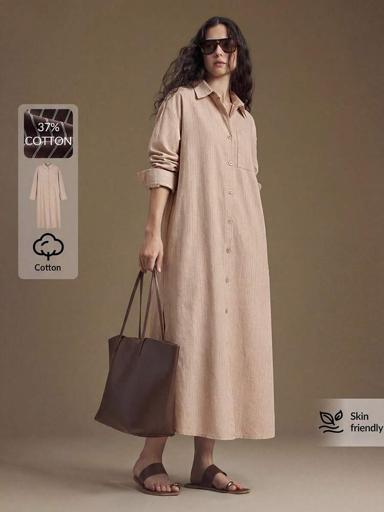 Women's Striped Shirt Dress, Loose Long Casual Dress For Urban Commute, Business, Vacation, Beach, Wedding Guest, Elegant Dress