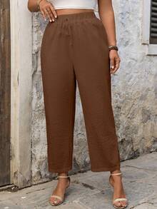 SHEIN LUNE CURVE Plus Size Casual Linen Patchwork Embroidered Floral Hem Pants Earthy Clothes Women Boho Pants For Women Fall - Coffee Brown - View 4