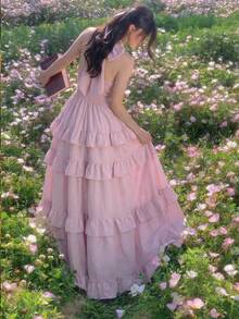 SHEIN MOD 女士复古纯色吊带连衣裙，露背设计，超大蝴蝶结，浪漫荷叶边下摆，适合约会、派对、假日、下午茶、生日、婚礼宾客礼服、婚礼季等场合。 - 粉色 - 查看 2