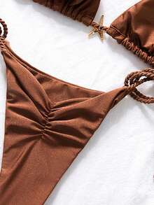 Swim Chiccia Elegant Shiny Brown Halter Triangle Bikini Set, Starfish Decor Rope Tie Side Vacation 2 Pieces Swimwear - Brown - View 5