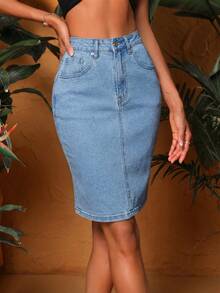 Women's Casual Denim Skirt With Pockets - Blue - View 5