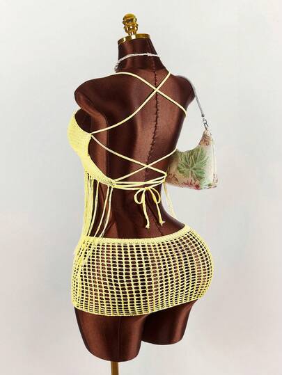 Amplova Women's Vacation Solid Color Fringe Hem Camisole Knit Top And Hollow-Out Knit Mini Skirt 2 Pieces Set Y2k Summer Outfits For Women Spring Clothes Women Easter Dress Women Festival Outfits For Women Elegant Dresses For Party Beach Outfits For Women Wedding Guest Party Dress Elegant Dresses For Women  Casual Dresses For Women Beach Vacation Outfits For Women