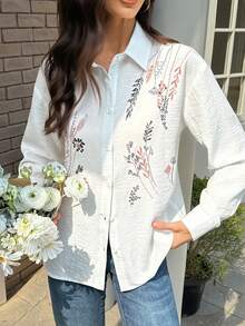 Vivie Lora 女士休闲通勤植物印花衬衫 - 白色 - 查看 7