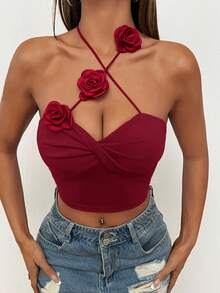 SHEIN PETITE Áo tank top cổ yếm dáng ngắn màu trơn dành cho nữ, họa tiết hoa 3D. - Màu Đỏ Sâu - Xem 7