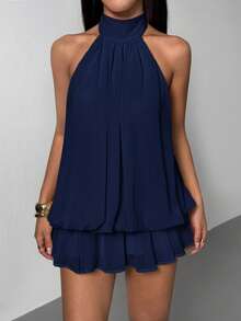 SHEIN PETITE Women's Elegant Beige Halter Tie Mini Dress - Navy Blue - View 3