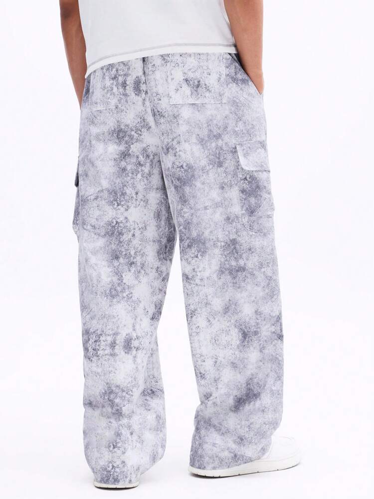 Men's Tie Dye Print Wide Leg Cargo Pants With Drawstring Waist And Side Pockets Relaxed Fit Casual Streetwear