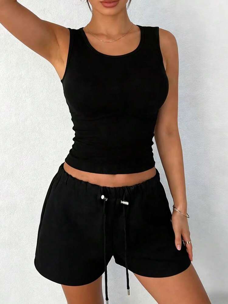 Women's Casual Sleeveless Crop Top, Solid Color, Slim Fit, Versatile For Daily Wear, Summer