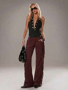 TRNVIE Women's Casual Fashion Flared Fringed Side Design Suede Pants In Burgundy, Western Cowboy Style, Suitable For Evenings, Gatherings, Concerts, Parties - Burgundy - View 6